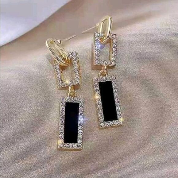 Geometric Rectangle Gold Black Earrings - Picture 2 of 4